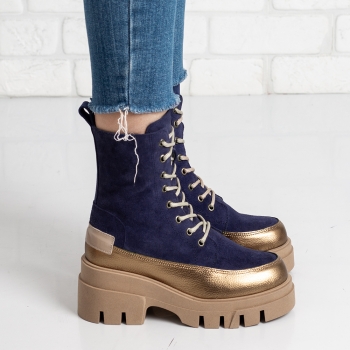 Дамски боти в тъмно синьо и бронз