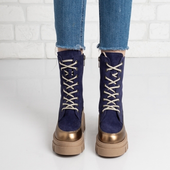 Дамски боти в тъмно синьо и бронз